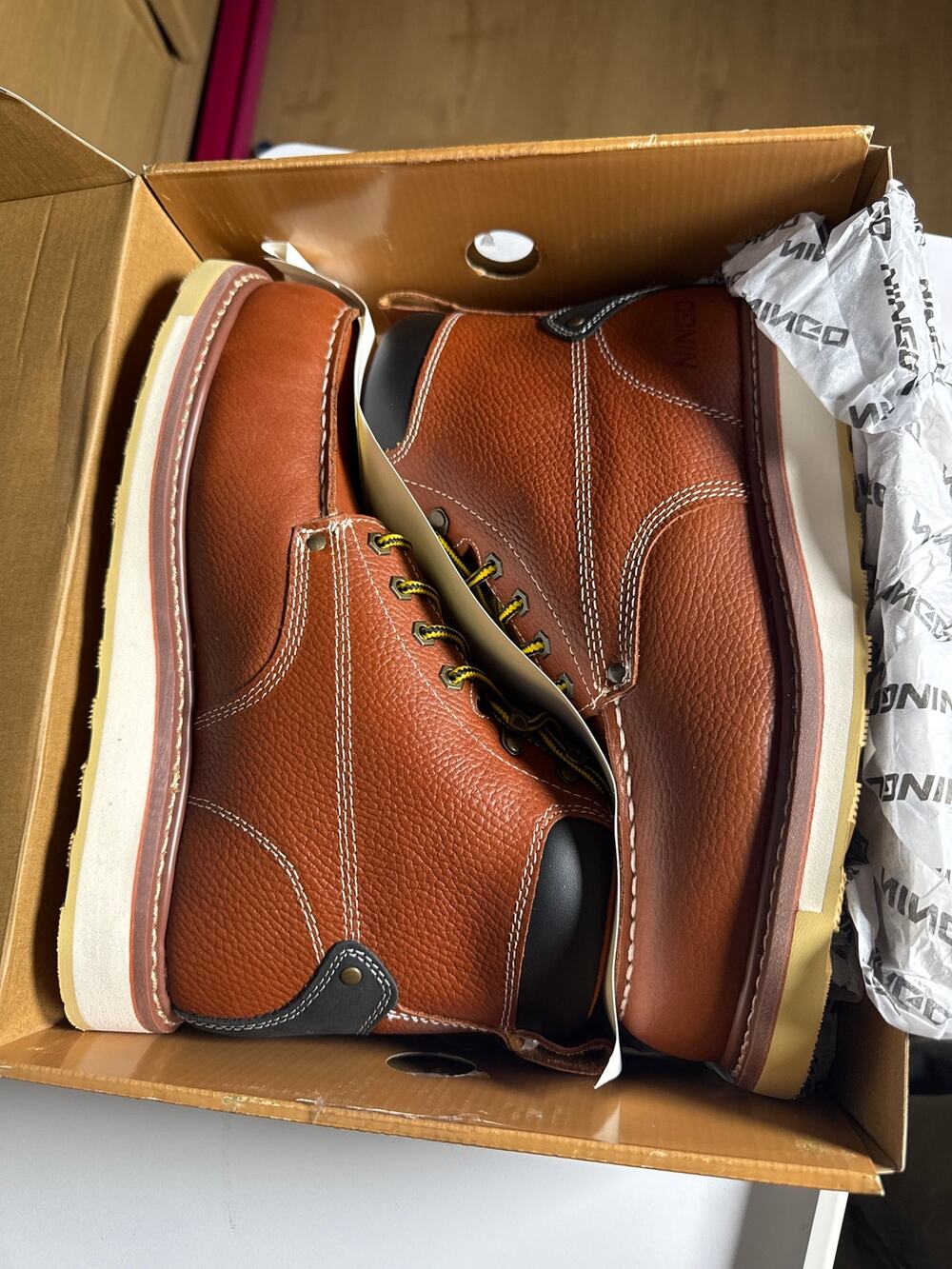 Ningo Men's Moc-Toe Safety Work Boots-Ankle--Brown Leather-10.5-New